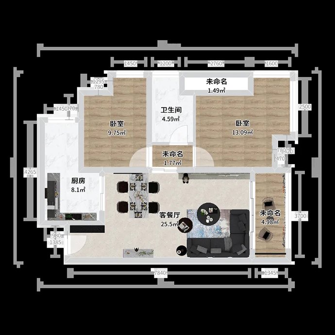 成都朗詩(shī)觀山樾D2戶(hù)型83㎡套二單衛(wèi)裝修設(shè)計(jì)方案-平面戶(hù)型圖